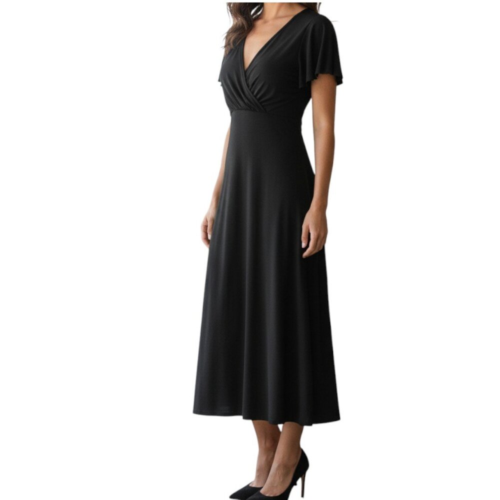 JONES NEW YORK Black V Neck Short Sleeve Maxi Pull On Dress - Size 6